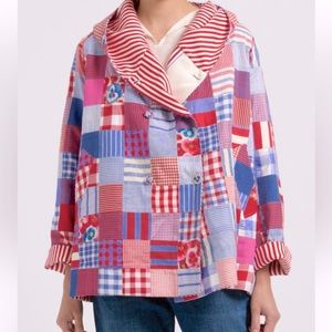 NEW! Pero Patchwork Double Breasted and Hooded Jacket in Blue and Pink